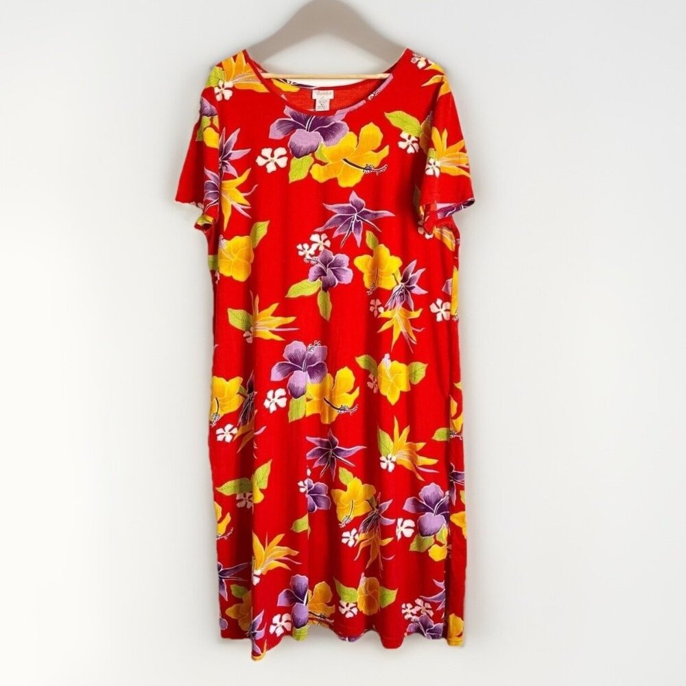 Vintage Barbizon Red Tropical Floral Midi Dress Sz XL Side Slits Hawaiian Resort
